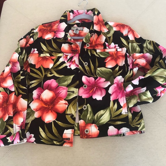Caribbean Joe Floral Jean Jacket - Black, Pink, Green - Picture 2 of 8
